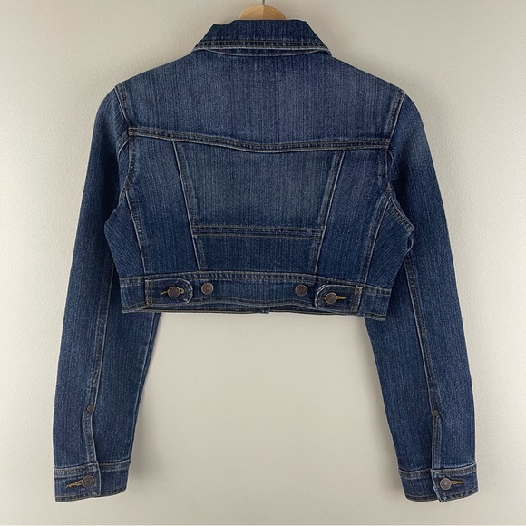 CLASH Vintage Y2K Blue Denim Green Brown Camo Rhinestone Cropped Jean Jacket - Picture 5 of 9